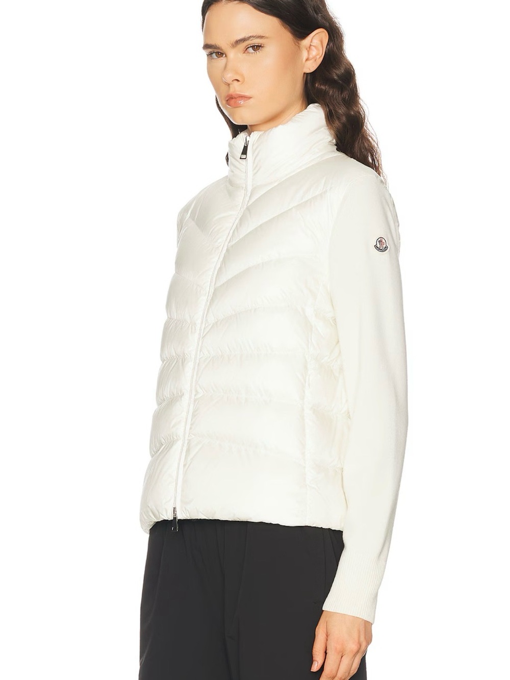 Moncler Cream Quilted Hooded Puffer Jacket with Knit Sleeves